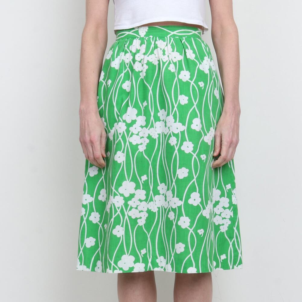 Vintage 1970s Green Floral Cotton Midi Skirt XS